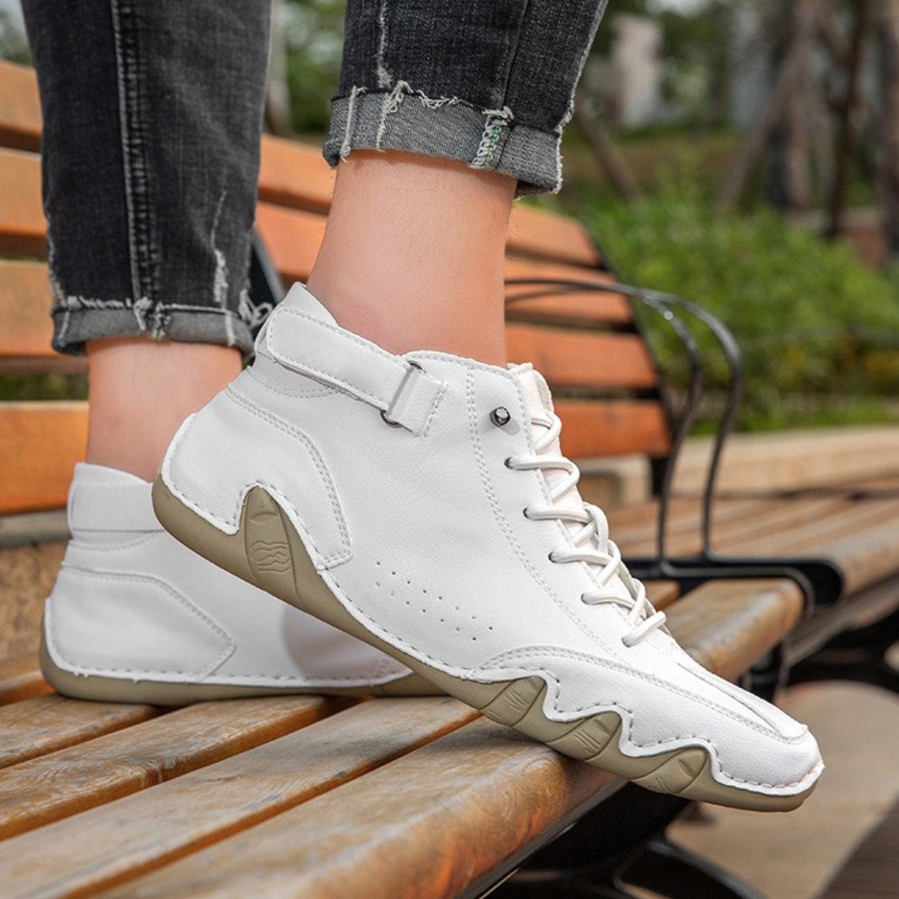 Men’s Waterproof Leather Outdoor Walking Shoes – High-Top Soft Barefoot Hiking Boots