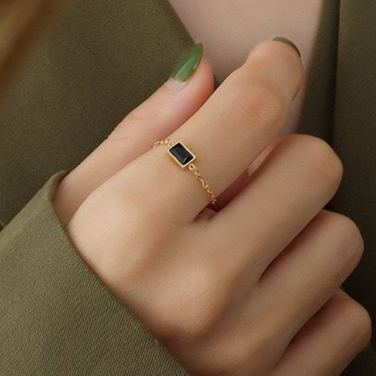 Green zircon chain ring vintage adjustable pull-out ring