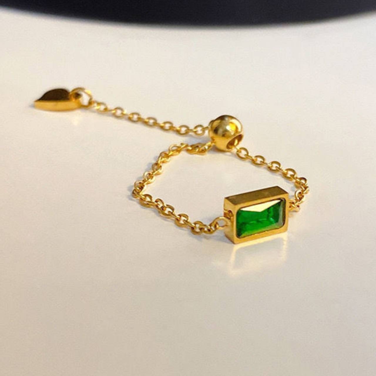 Green zircon chain ring vintage adjustable pull-out ring