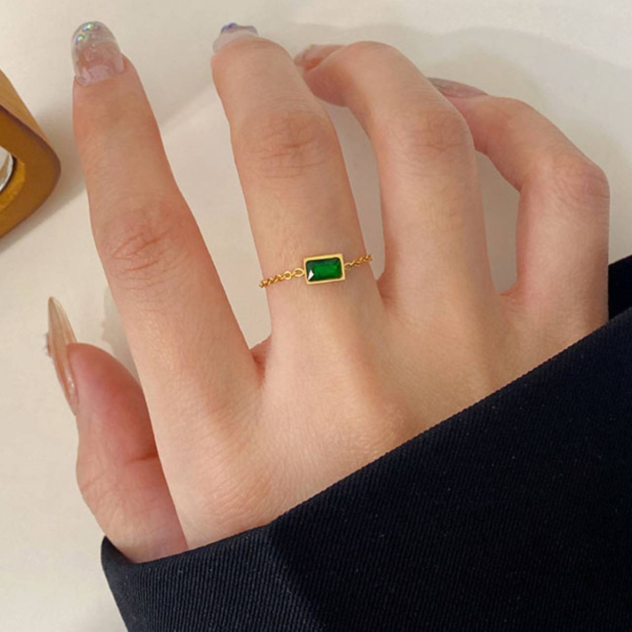 Green zircon chain ring vintage adjustable pull-out ring