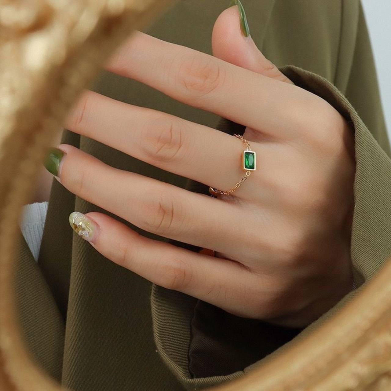 Green zircon chain ring vintage adjustable pull-out ring