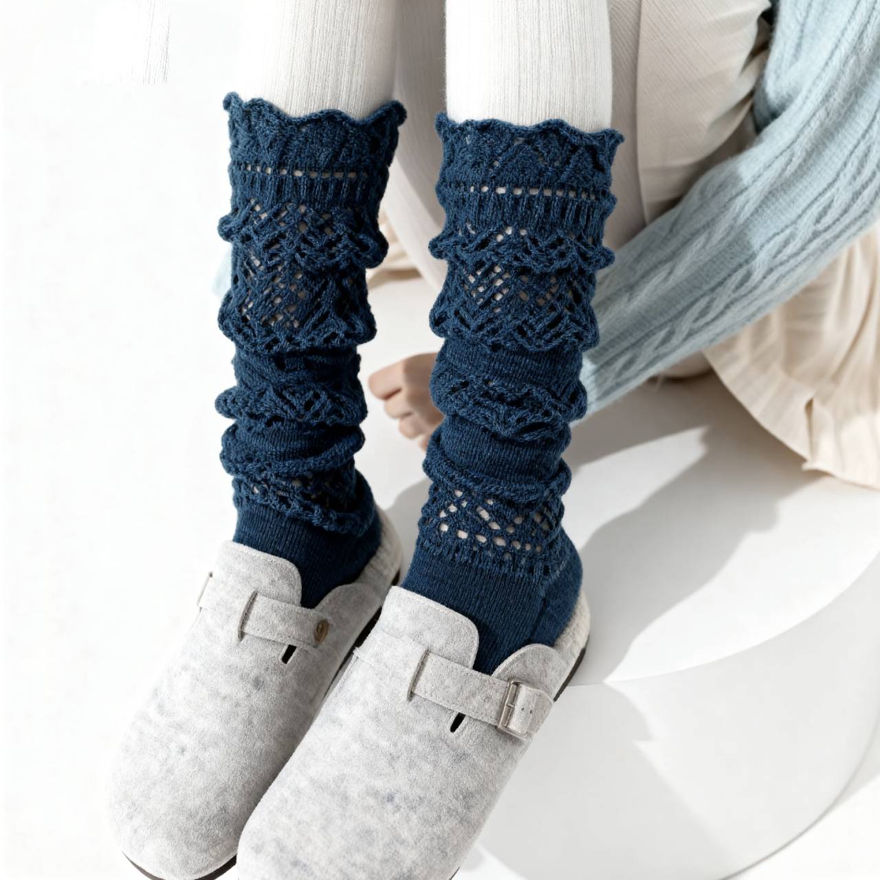 Women’s Knitted Slouch Calf Socks – Vintage Hollow Knit Warm Winter Socks | Soft Cotton Mid-Calf Socks for Boots