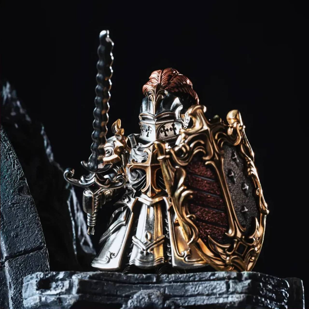Crimson Templar Collectible Figure Detachable Bronze Copper Knight Statue with Sword Shield Cape Wings Medieval Fantasy