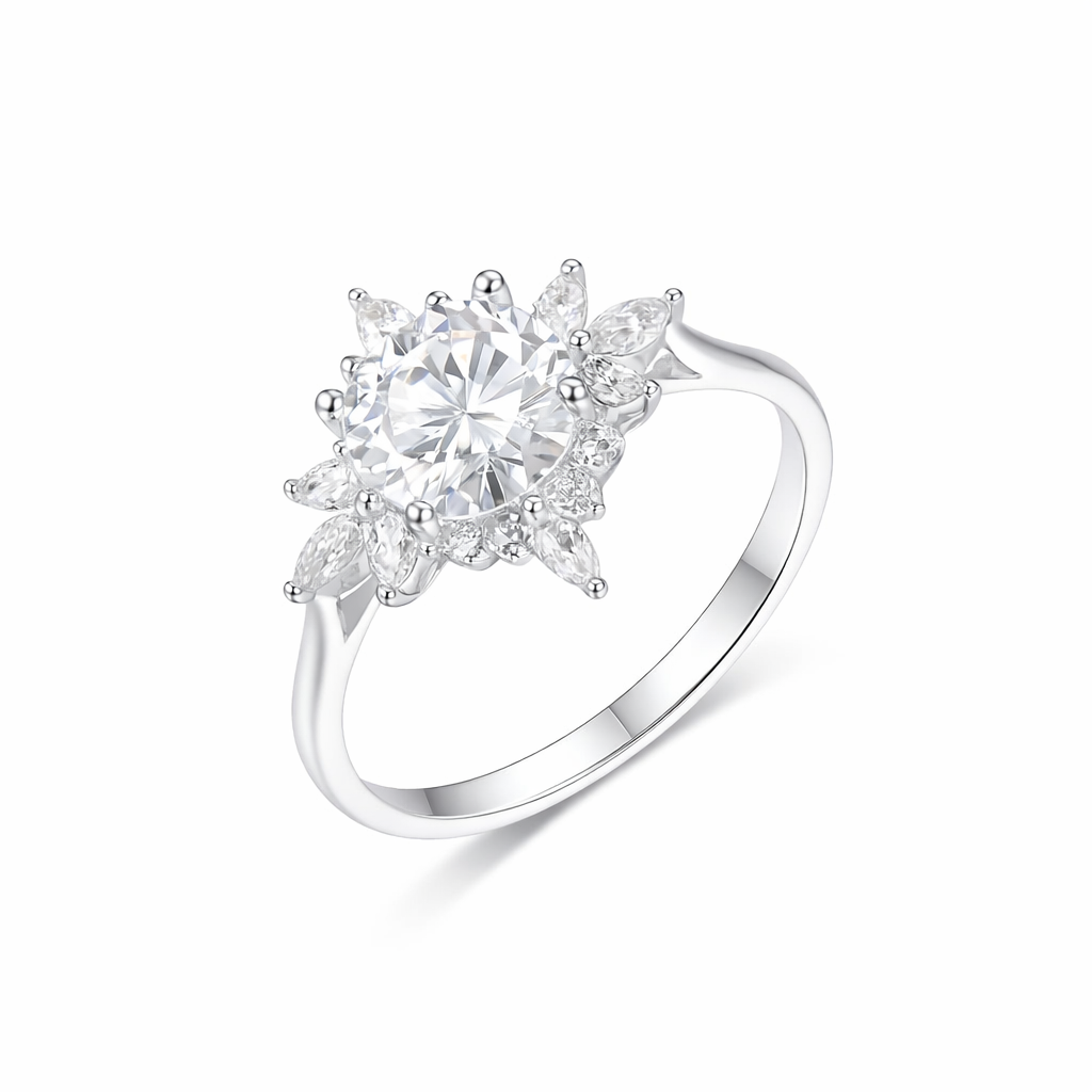 Floral Halo Moissanite Ring — 925 Silver Base with 18K Gold Plating