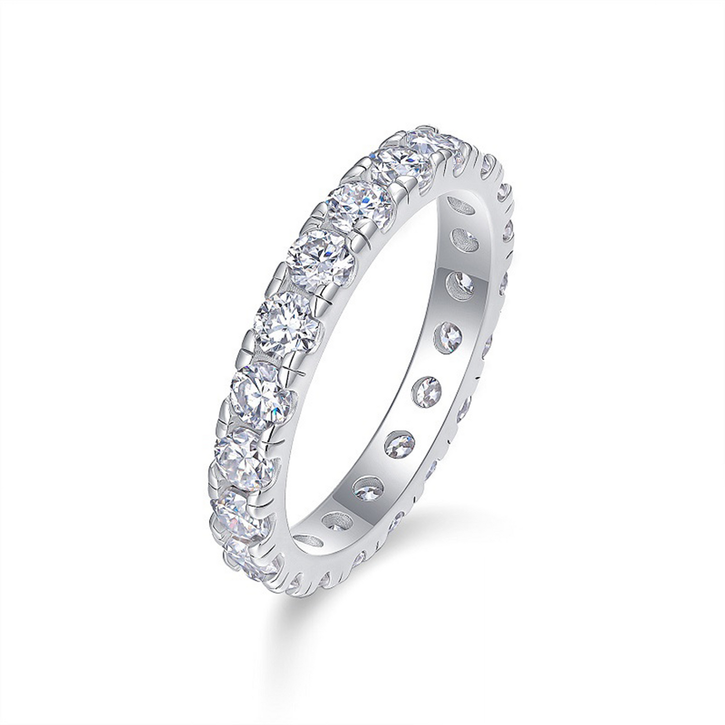 Angled side view of Elara moissanite eternity band ring standing vertically on white background