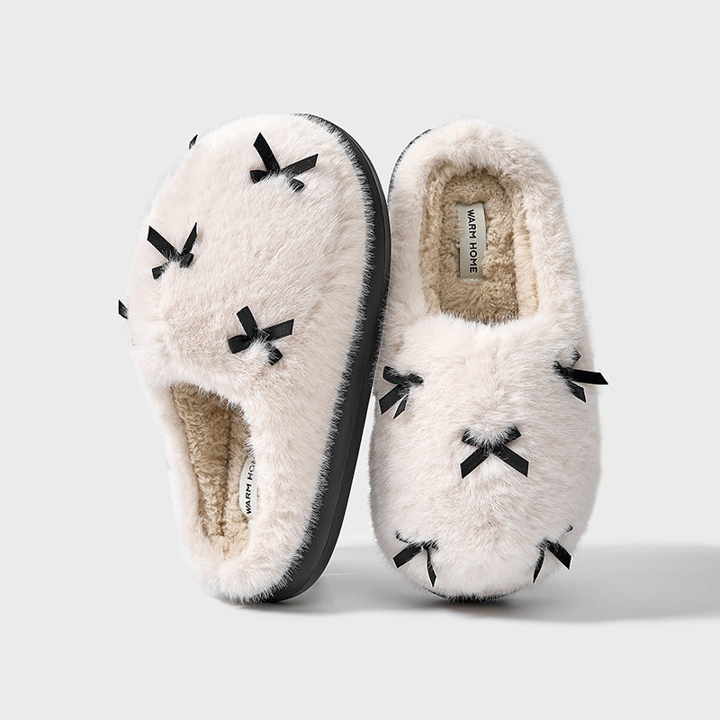 Winter Warm Fuzzy Slippers Soft Comfy Indoor House Shoes– Slip-On / Full-Back Options, Cozy Plush Bow Design, Anti-Slip Sole