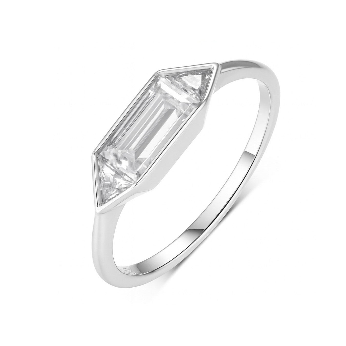 Emerald cut moissanite bezel ring side view, minimalist band design
