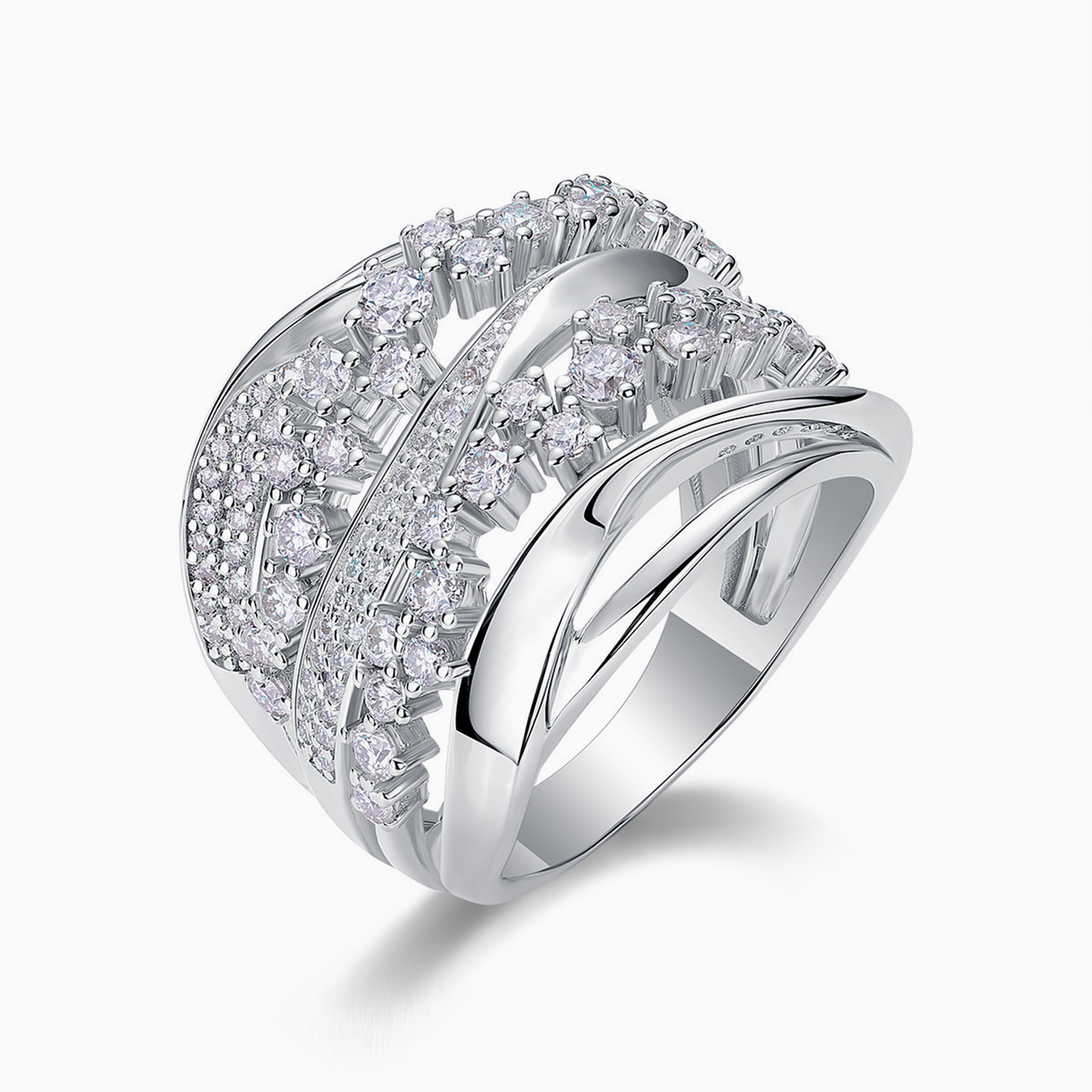 Angled side view of Aurora pavé moissanite band ring standing vertically on white background