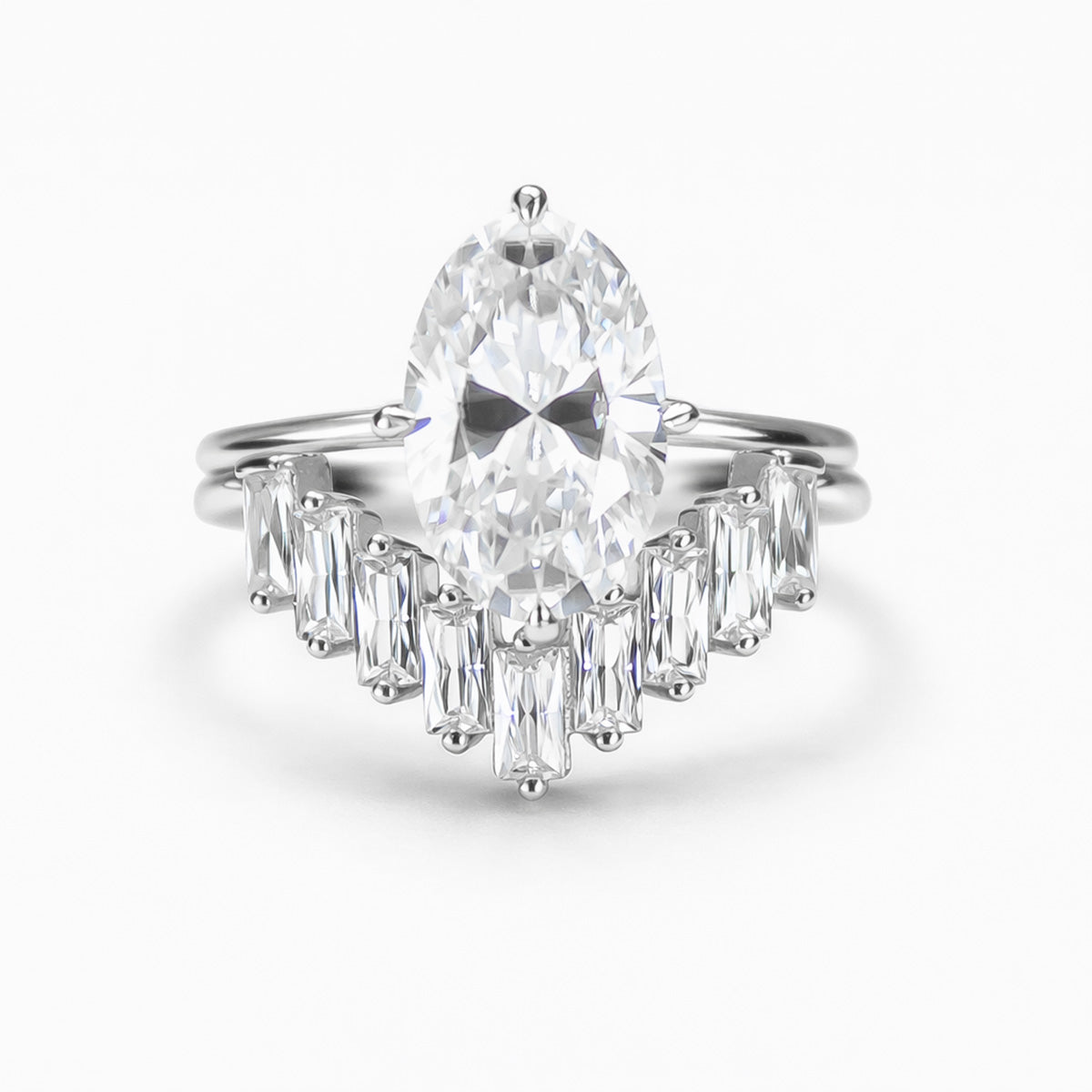Geometric cluster moissanite ring white gold tone angled view