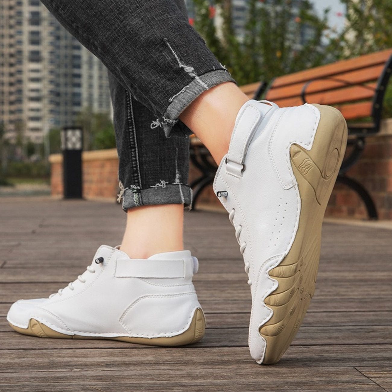 Men’s Waterproof Leather Outdoor Walking Shoes – High-Top Soft Barefoot Hiking Boots