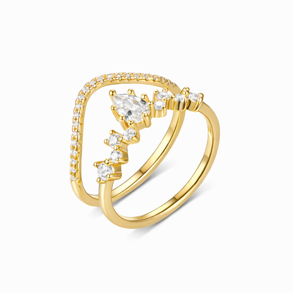 Petite Duo curved moissanite ring set stacked in 18K gold plated sterling silver