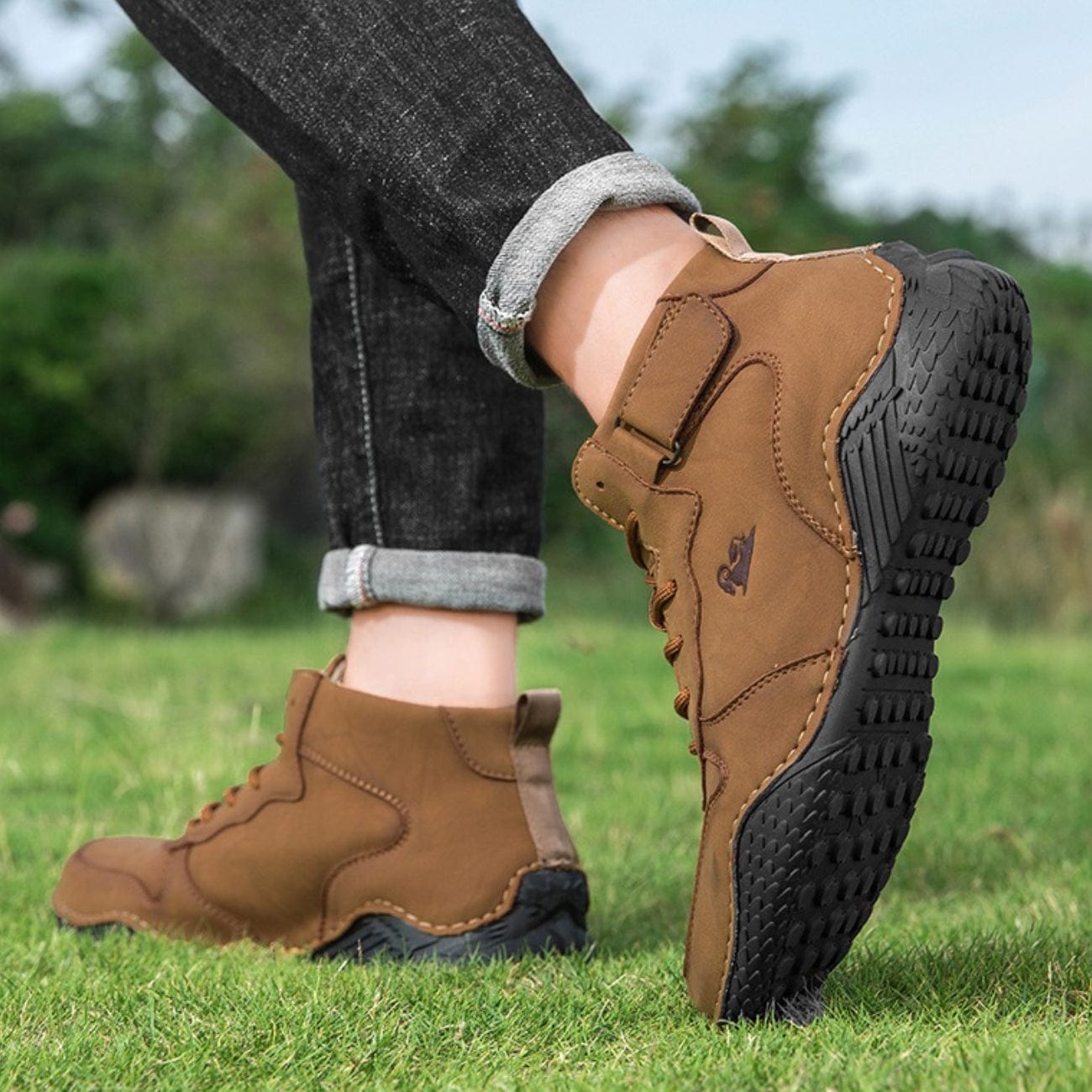 Men’s Waterproof Leather Outdoor Walking Shoes – High-Top Soft Barefoot Hiking Boots