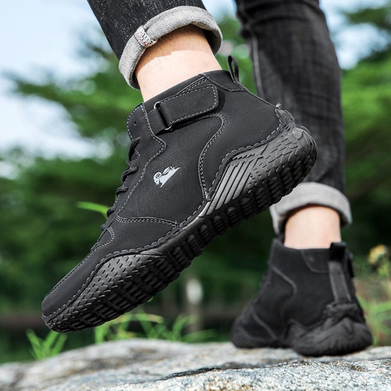 Men’s Waterproof Leather Outdoor Walking Shoes – High-Top Soft Barefoot Hiking Boots