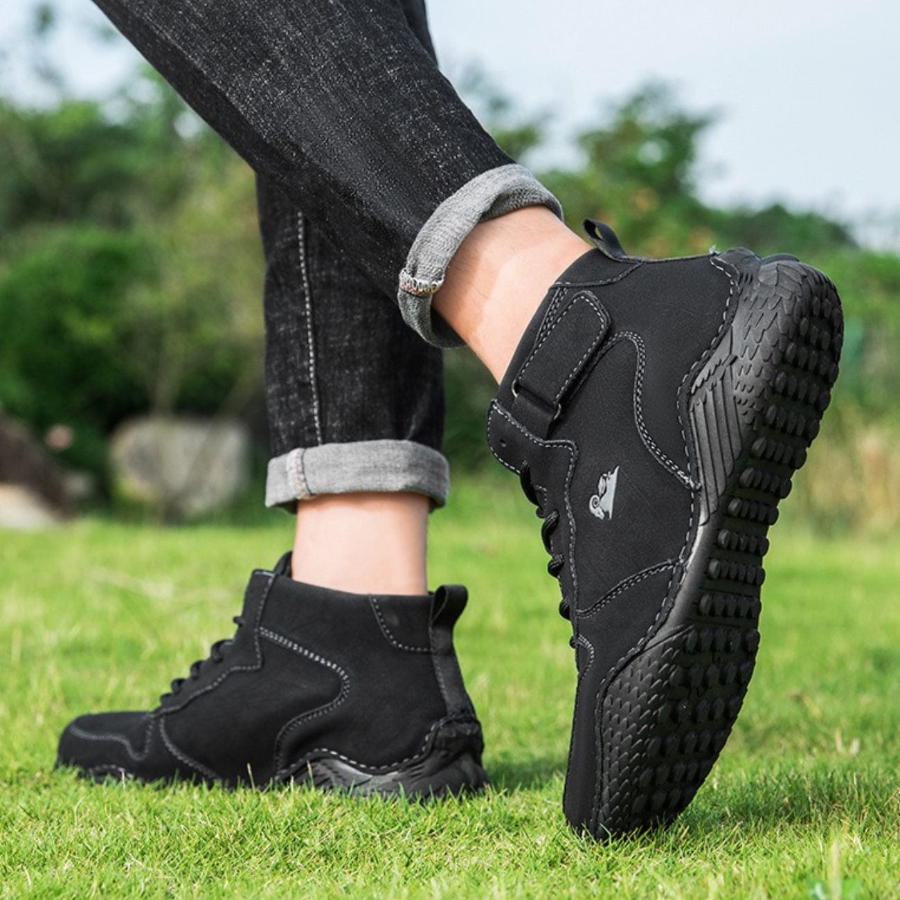 Men’s Waterproof Leather Outdoor Walking Shoes – High-Top Soft Barefoot Hiking Boots