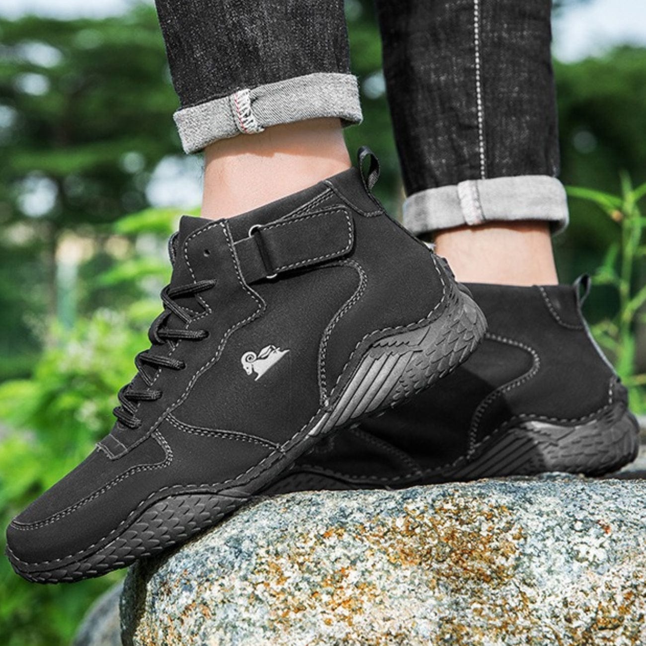 Men’s Waterproof Leather Outdoor Walking Shoes – High-Top Soft Barefoot Hiking Boots