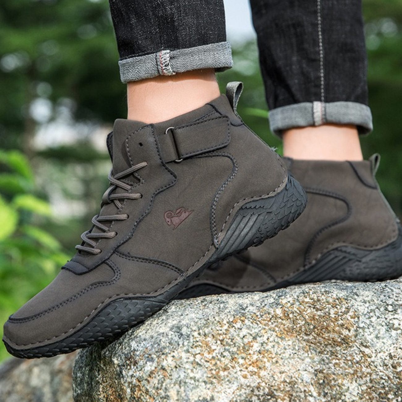 Men’s Waterproof Leather Outdoor Walking Shoes – High-Top Soft Barefoot Hiking Boots