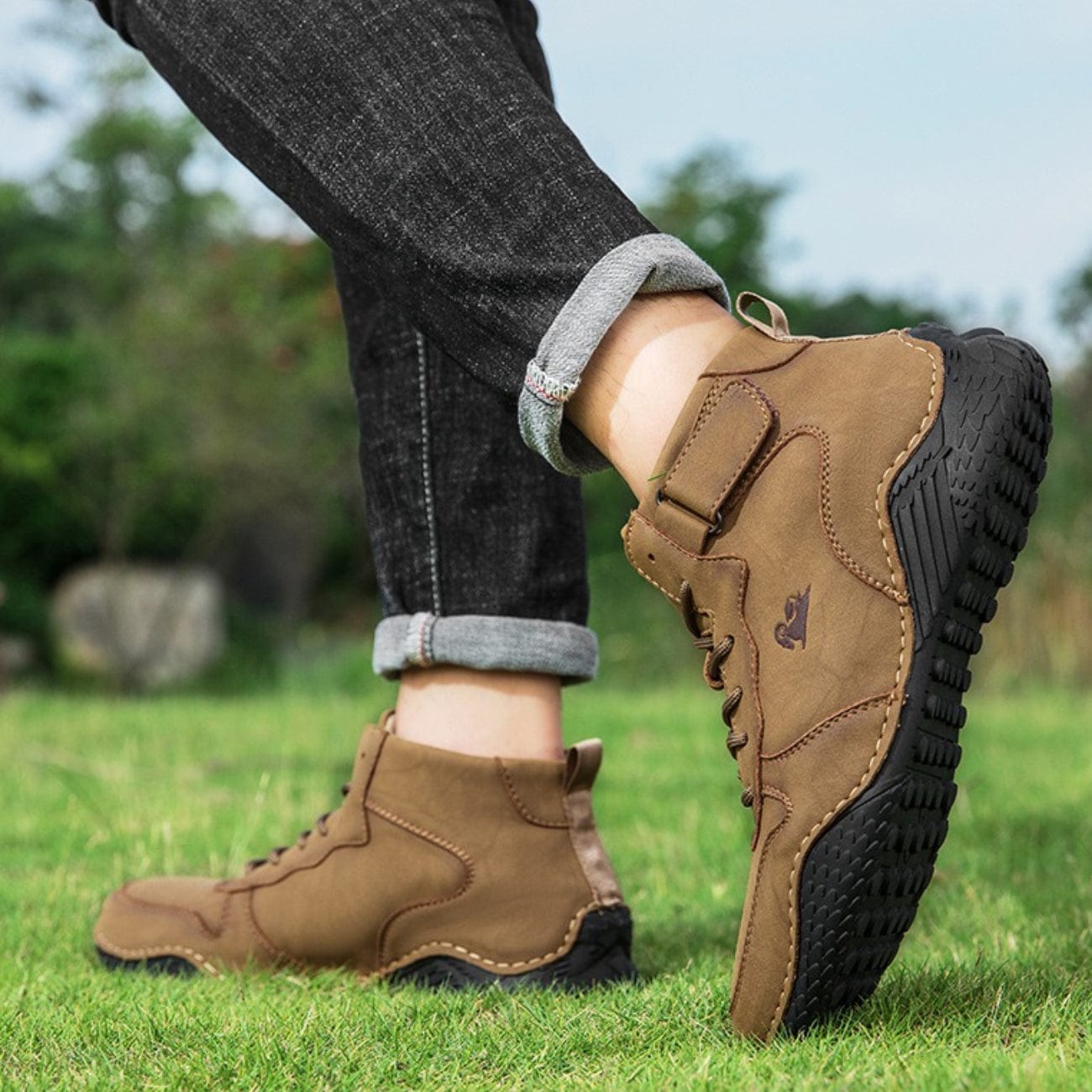 Men’s Waterproof Leather Outdoor Walking Shoes – High-Top Soft Barefoot Hiking Boots