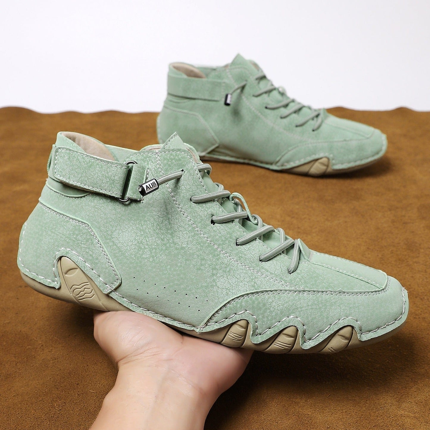 Men’s Waterproof Leather Outdoor Walking Shoes – High-Top Soft Barefoot Hiking Boots