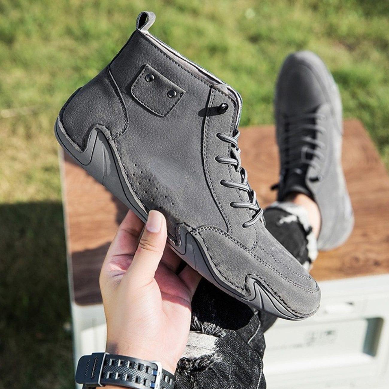 Men’s Waterproof Barefoot Hiking Boots – High-Top Soft Leather Outdoor Walking Shoes