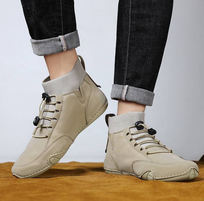 Men’s Lightweight Waterproof Leather Outdoor Walking Shoes – Comfortable High-Top Soft Barefoot Hiking Boots