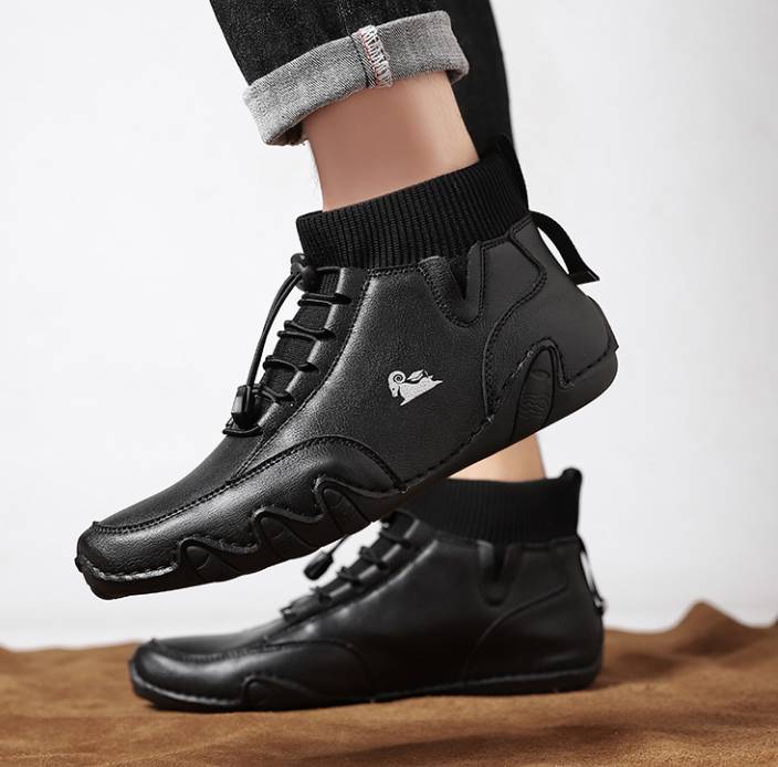 Men’s Lightweight Waterproof Leather Outdoor Walking Shoes – Comfortable High-Top Soft Barefoot Hiking Boots