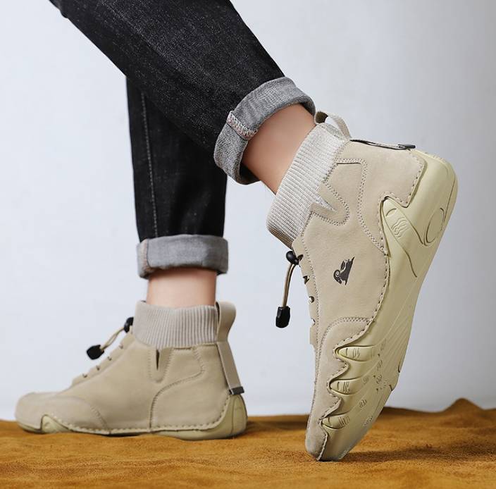 Men’s Lightweight Waterproof Leather Outdoor Walking Shoes – Comfortable High-Top Soft Barefoot Hiking Boots