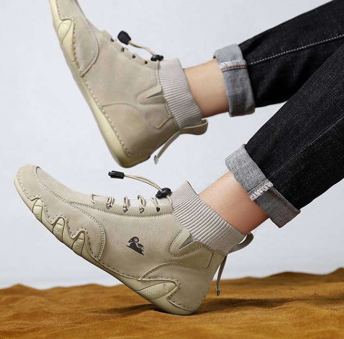 Men’s Lightweight Waterproof Leather Outdoor Walking Shoes – Comfortable High-Top Soft Barefoot Hiking Boots