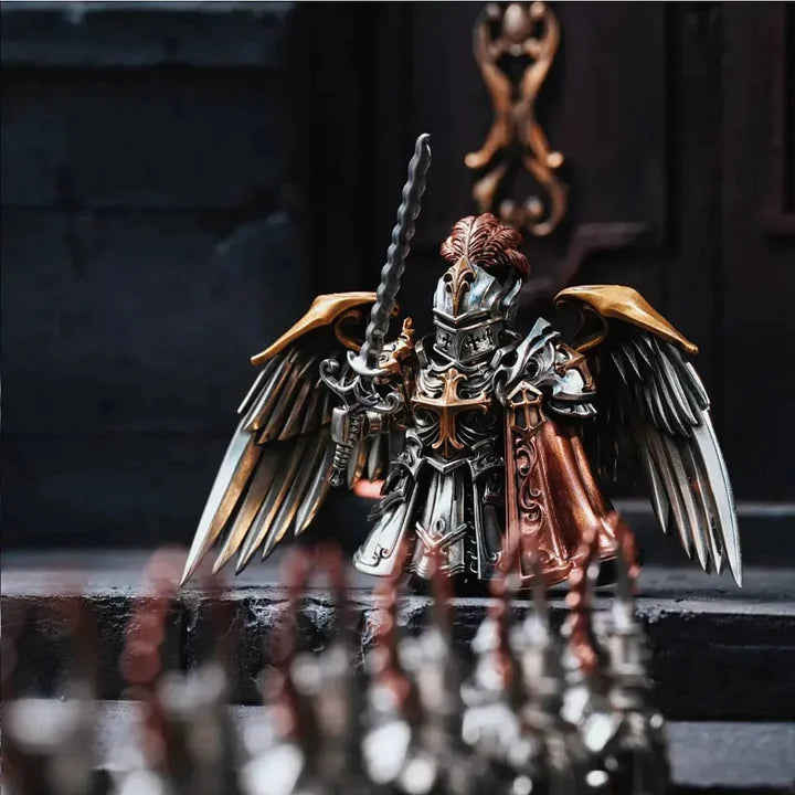 Crimson Templar Collectible Figure Detachable Bronze Copper Knight Statue with Sword Shield Cape Wings Medieval Fantasy