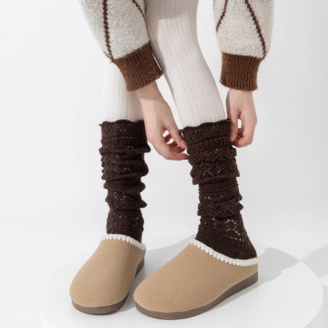 Women’s Knitted Slouch Calf Socks – Vintage Hollow Knit Warm Winter Socks | Soft Cotton Mid-Calf Socks for Boots