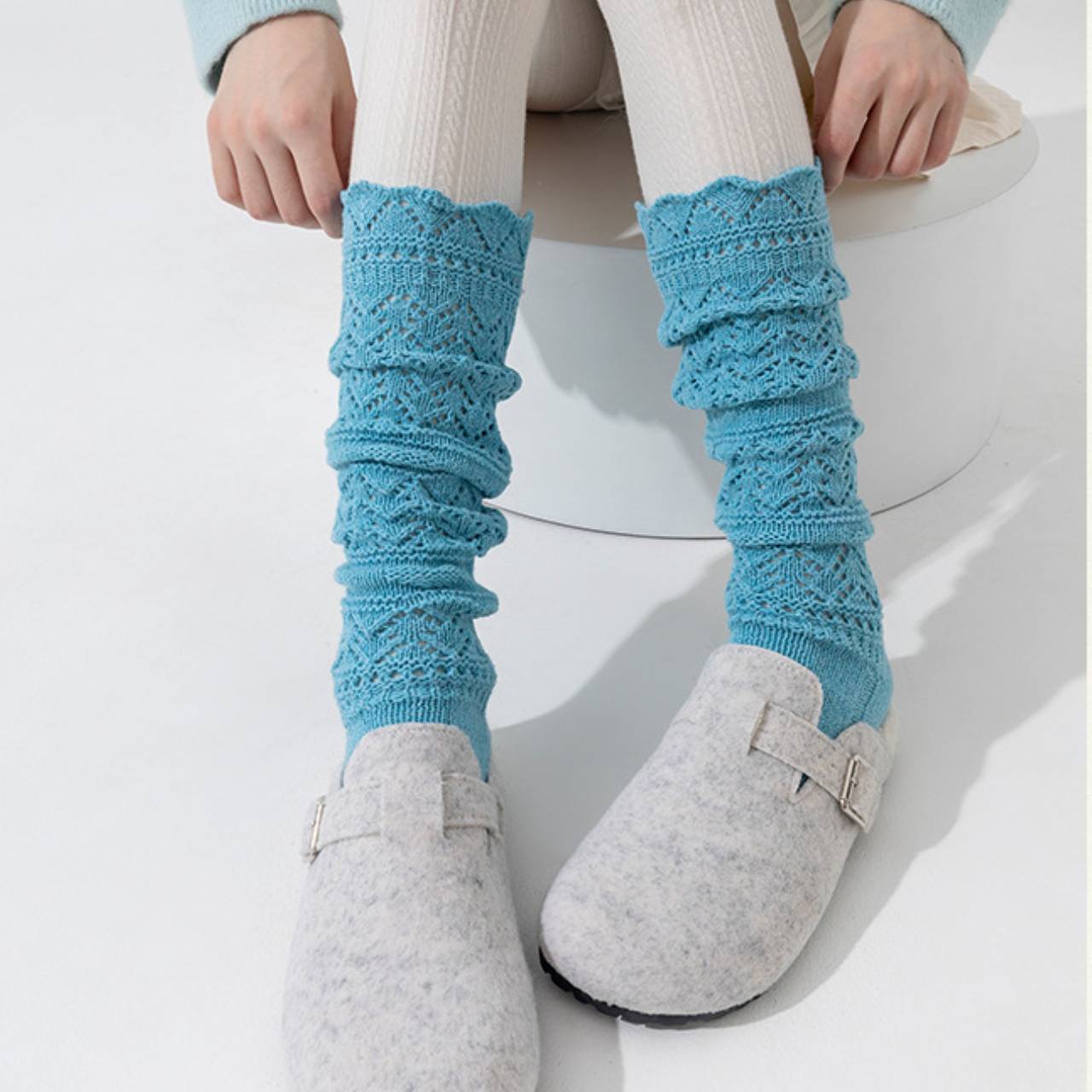 Women’s Knitted Slouch Calf Socks – Vintage Hollow Knit Warm Winter Socks | Soft Cotton Mid-Calf Socks for Boots