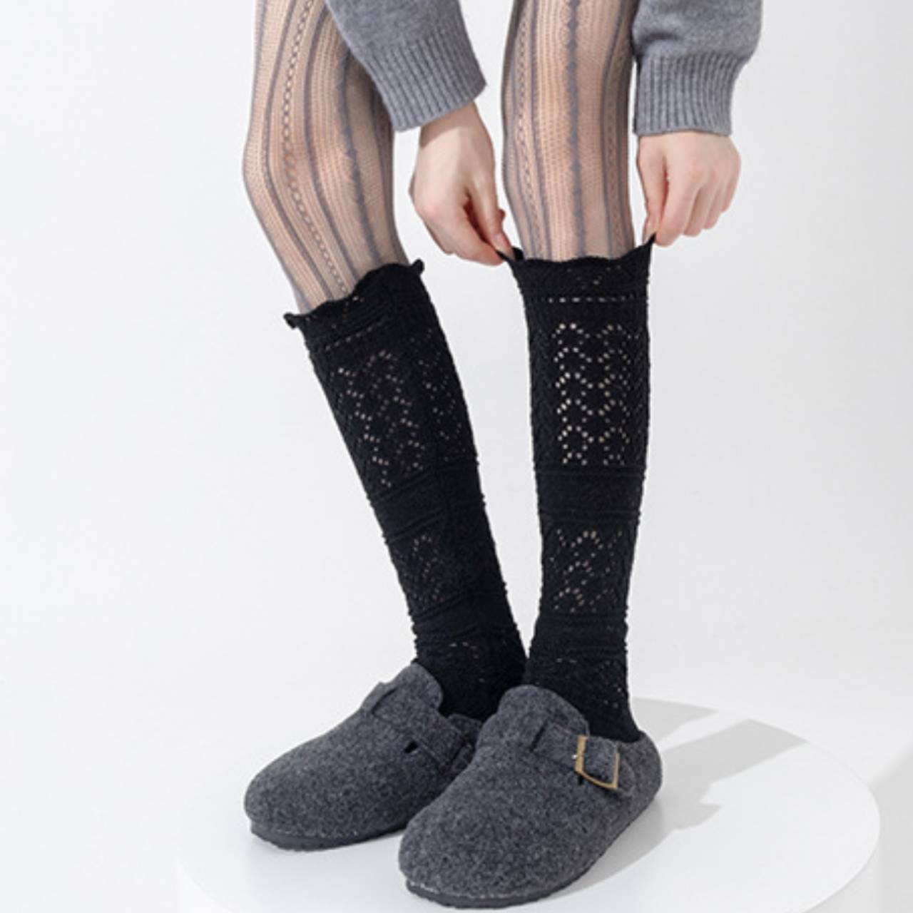 Women’s Knitted Slouch Calf Socks – Vintage Hollow Knit Warm Winter Socks | Soft Cotton Mid-Calf Socks for Boots