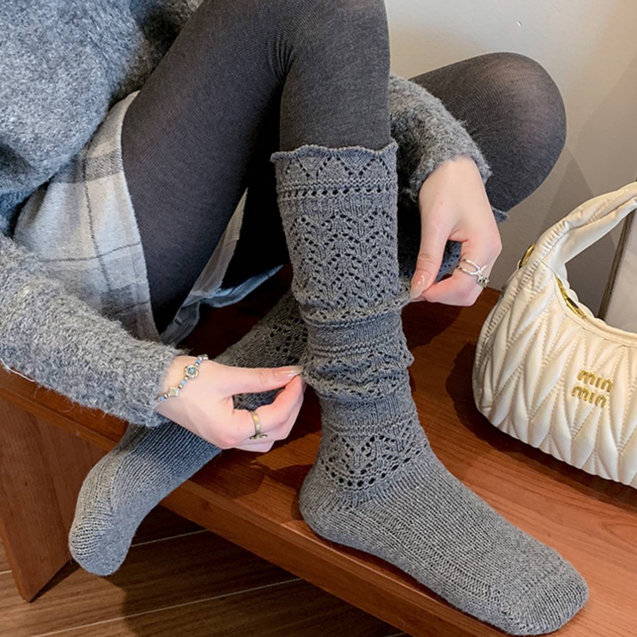 Women’s Knitted Slouch Calf Socks – Vintage Hollow Knit Warm Winter Socks | Soft Cotton Mid-Calf Socks for Boots