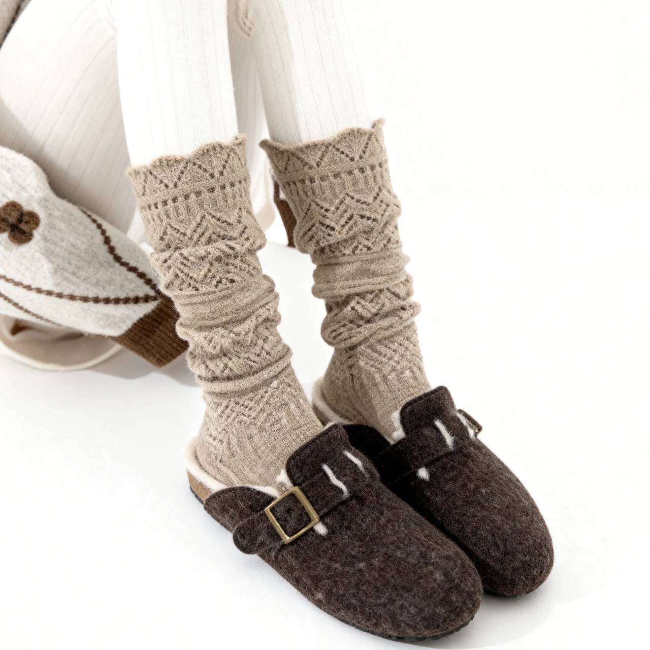 Women’s Knitted Slouch Calf Socks – Vintage Hollow Knit Warm Winter Socks | Soft Cotton Mid-Calf Socks for Boots