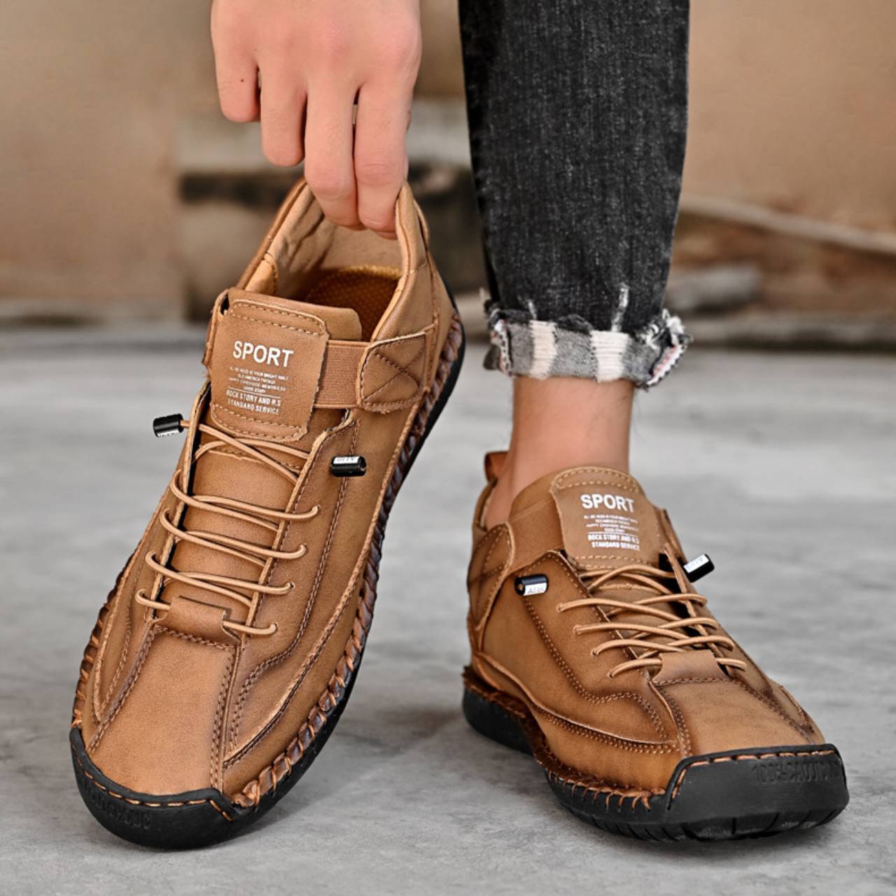 Men’s Flexible Leather Casual Shoes – Soft Sole, Hand-Stitched Outdoor Walking Sneakers, Slip-On Comfort Driving Loafers