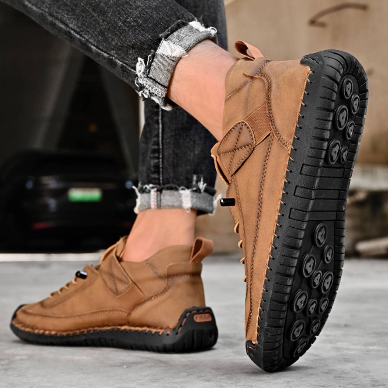 Men’s Flexible Leather Casual Shoes – Soft Sole, Hand-Stitched Outdoor Walking Sneakers, Slip-On Comfort Driving Loafers