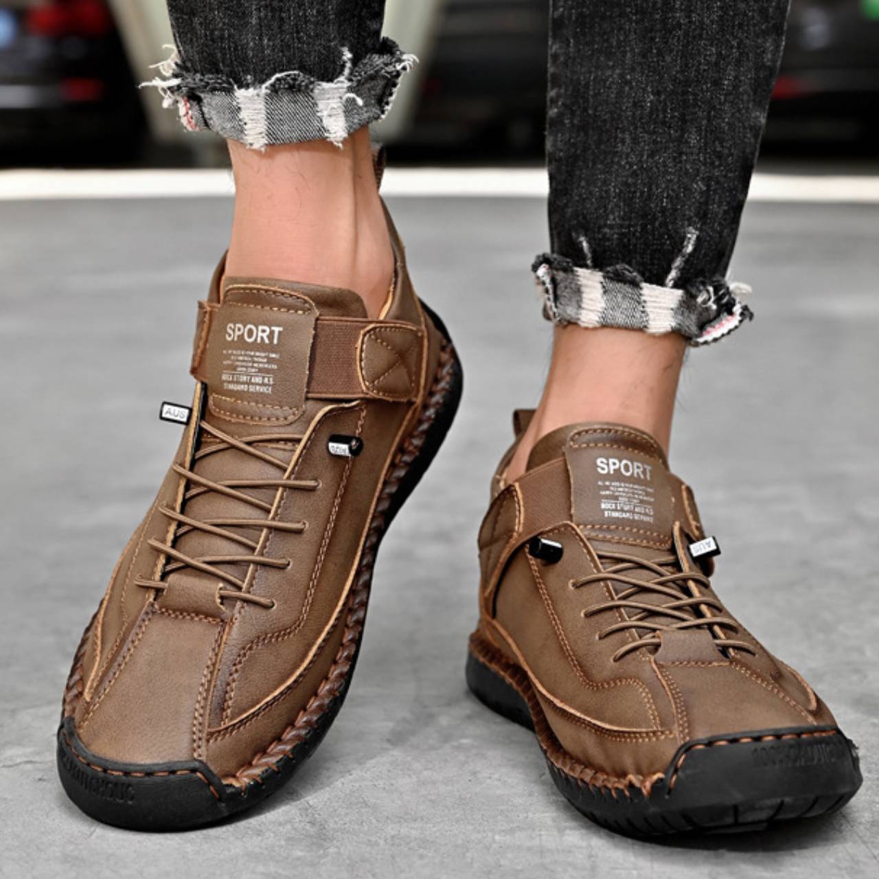 Men’s Flexible Leather Casual Shoes – Soft Sole, Hand-Stitched Outdoor Walking Sneakers, Slip-On Comfort Driving Loafers