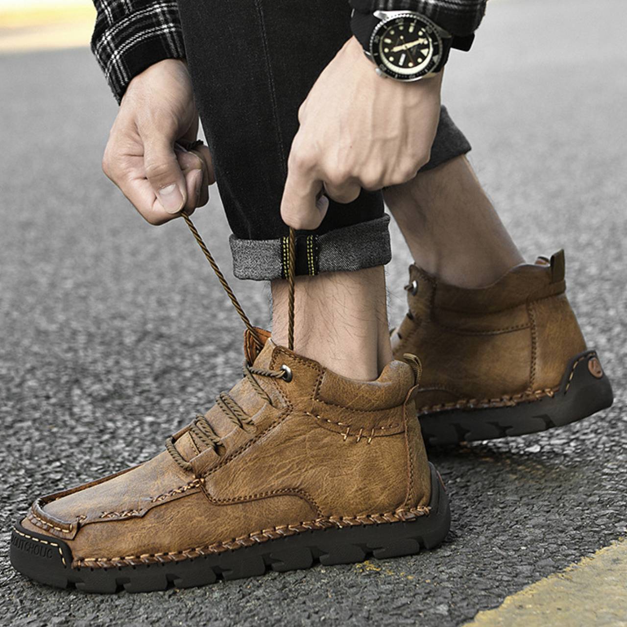 Men’s Fleece-Lined Leather High-Top Boots | Waterproof Warm Winter Lace-Up shoes