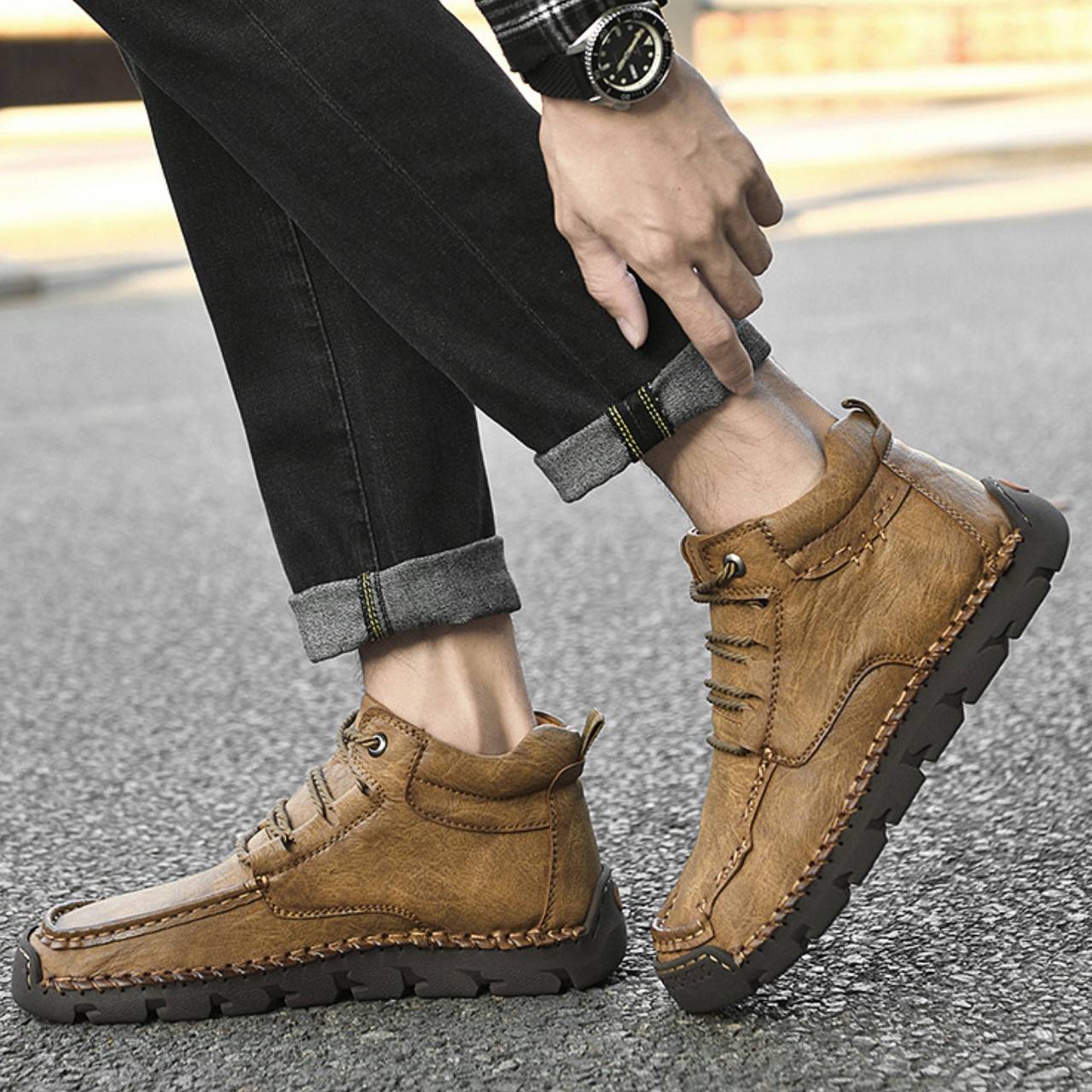 Men’s Leather High-Top Lace-Up Waterproof Boots | Durable Slip-Resistant Work & Casual shoes