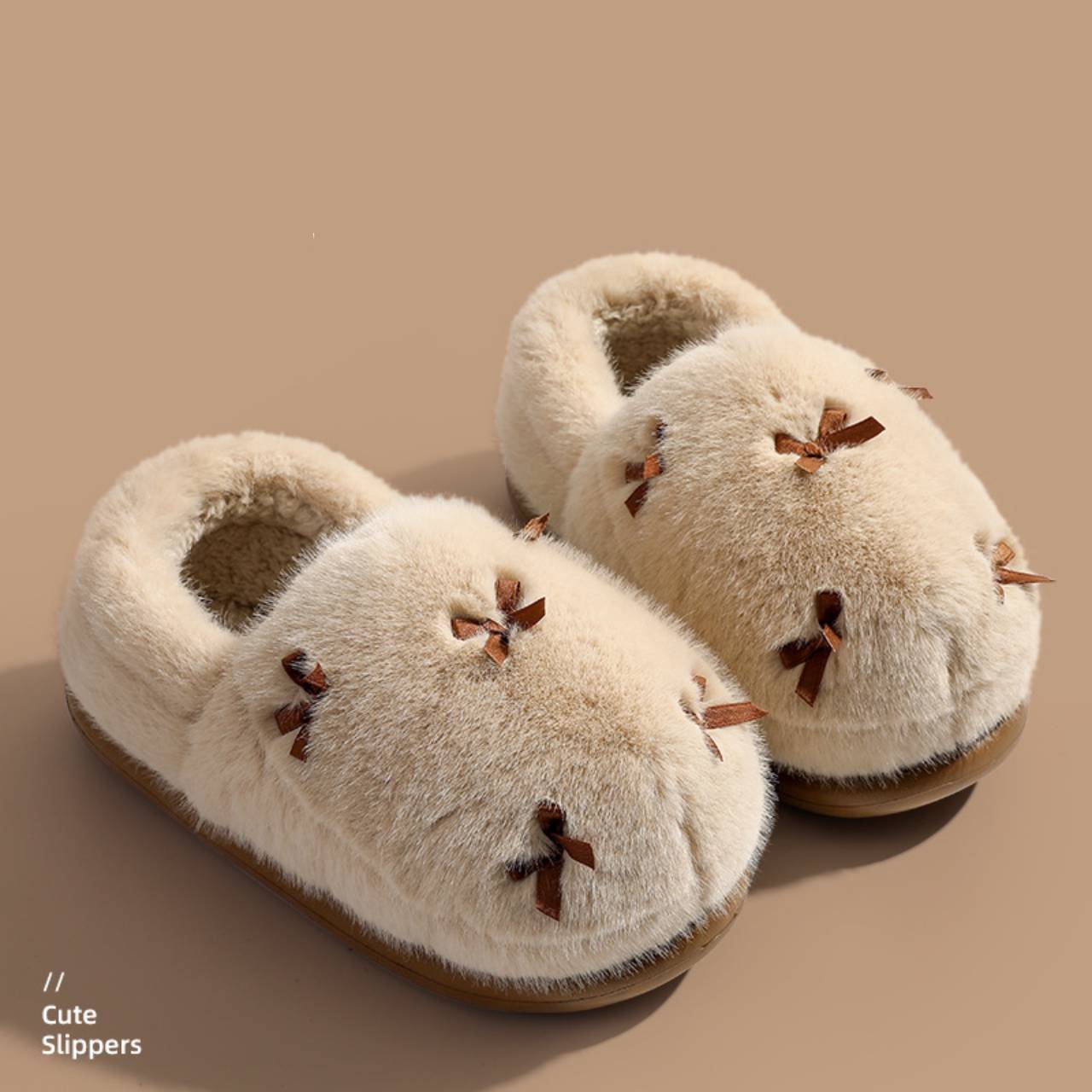 Winter Warm Fuzzy Slippers Soft Comfy Indoor House Shoes– Slip-On / Full-Back Options, Cozy Plush Bow Design, Anti-Slip Sole