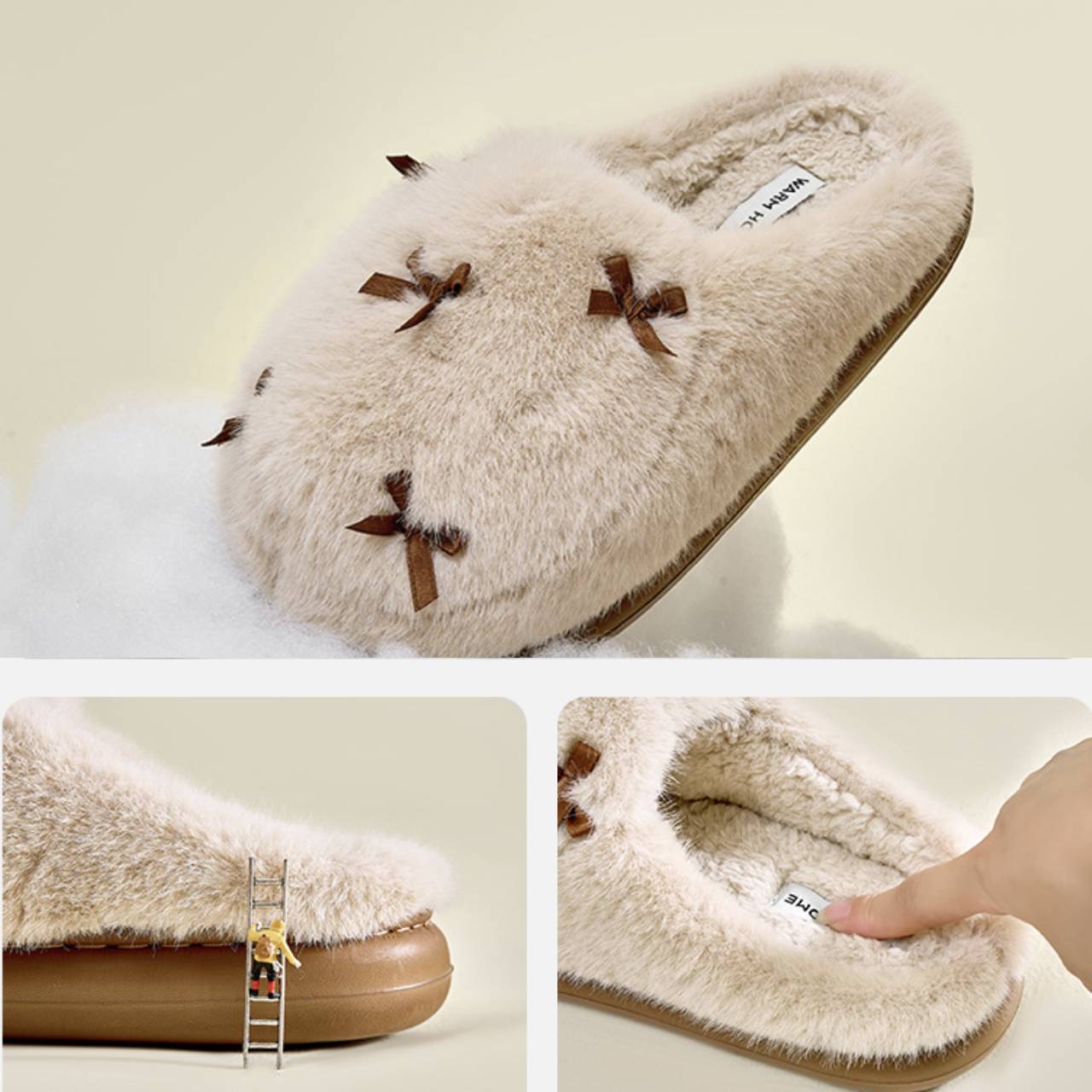 Winter Warm Fuzzy Slippers Soft Comfy Indoor House Shoes– Slip-On / Full-Back Options, Cozy Plush Bow Design, Anti-Slip Sole