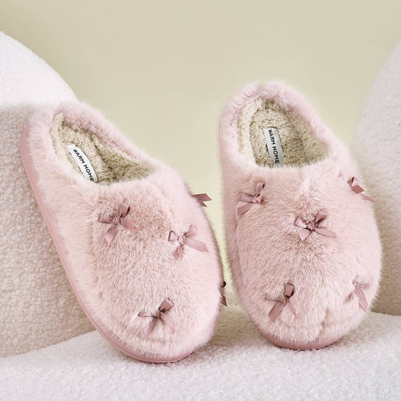 Winter Warm Fuzzy Slippers Soft Comfy Indoor House Shoes– Slip-On / Full-Back Options, Cozy Plush Bow Design, Anti-Slip Sole