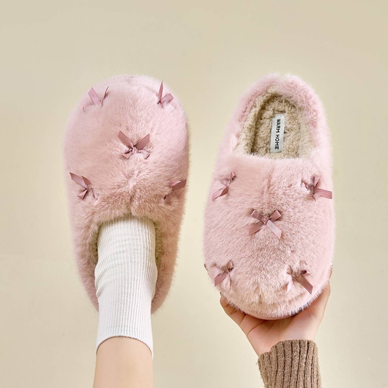 Winter Warm Fuzzy Slippers Soft Comfy Indoor House Shoes– Slip-On / Full-Back Options, Cozy Plush Bow Design, Anti-Slip Sole