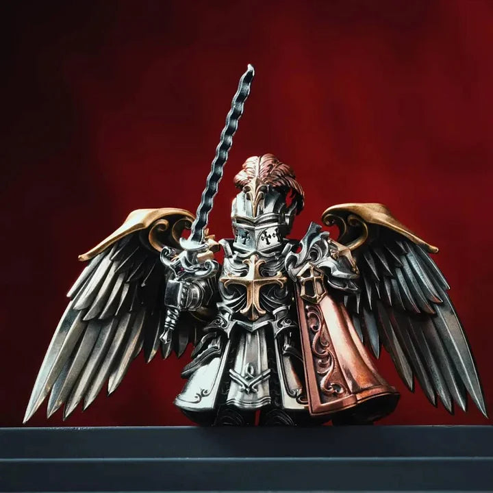Crimson Templar Collectible Figure Detachable Bronze Copper Knight Statue with Sword Shield Cape Wings Medieval Fantasy