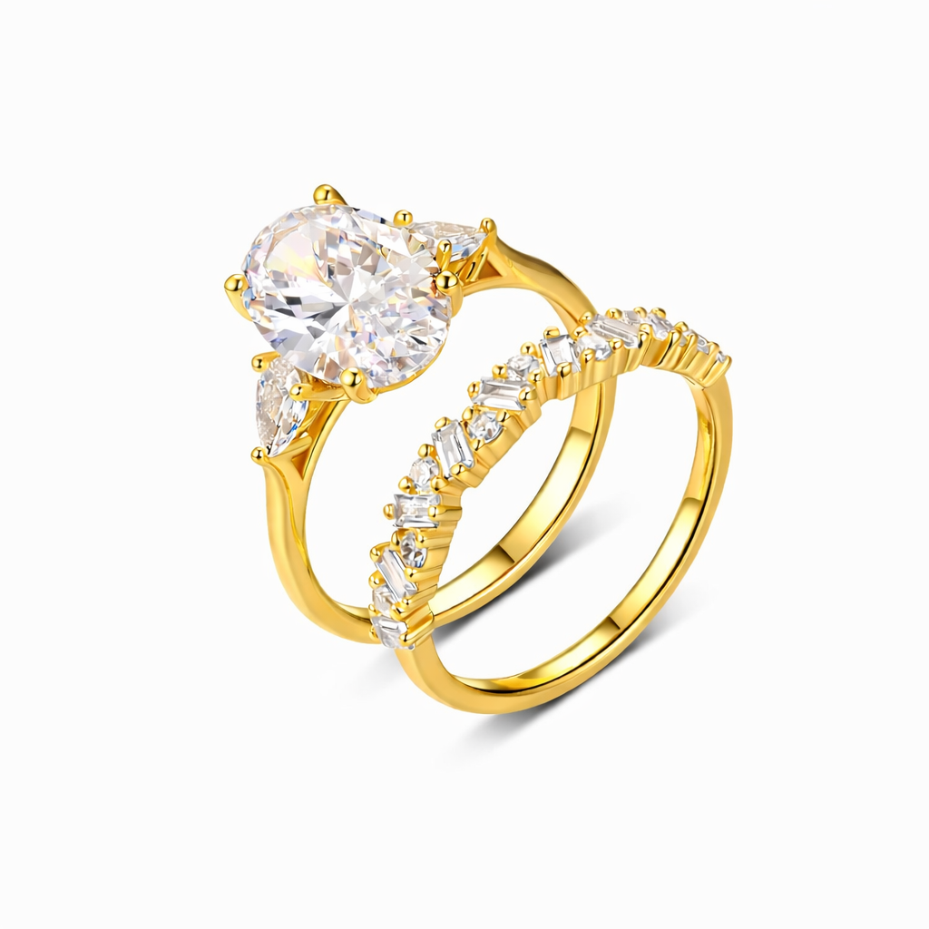 Oval Moissanite Duo Ring — Pavé Stacking Band Set