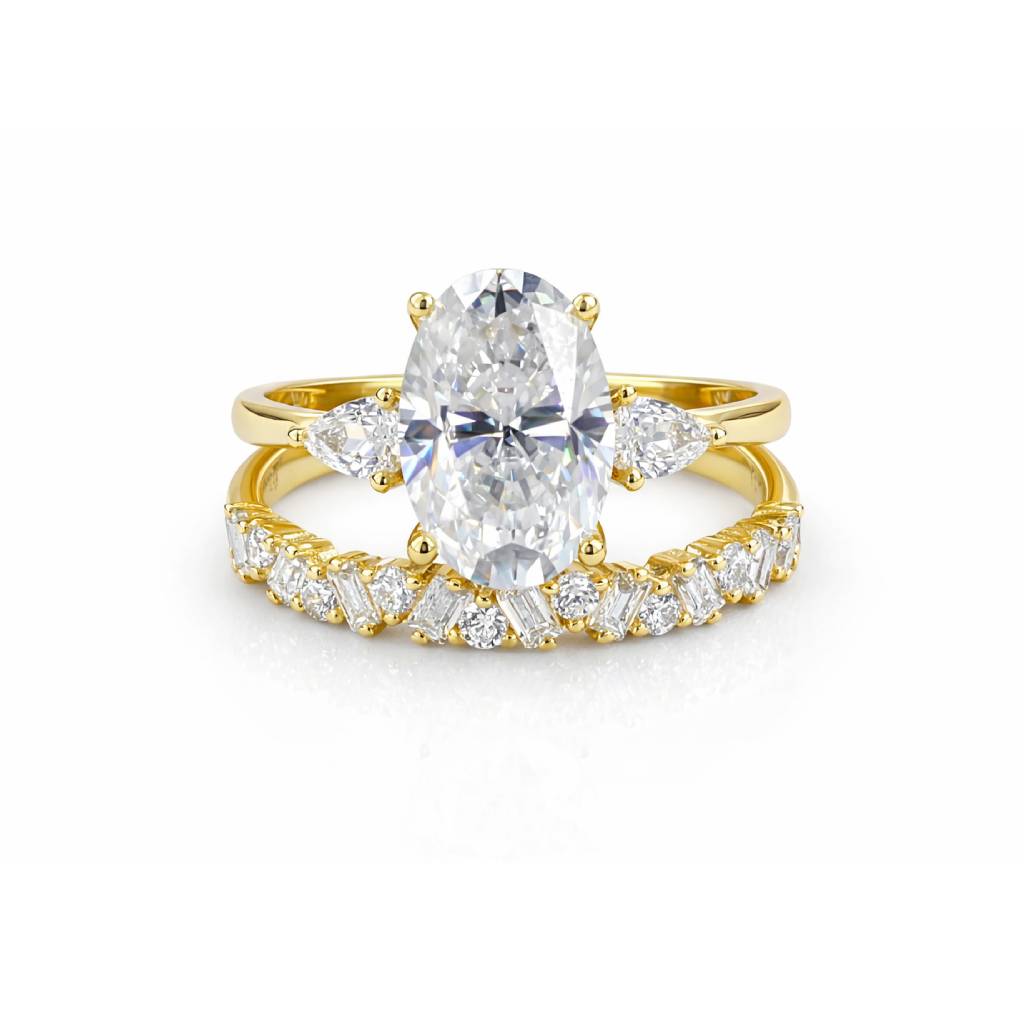 Oval Moissanite Duo Ring — Pavé Stacking Band Set
