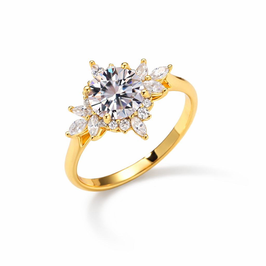Floral Halo Moissanite Ring — 925 Silver Base with 18K Gold Plating
