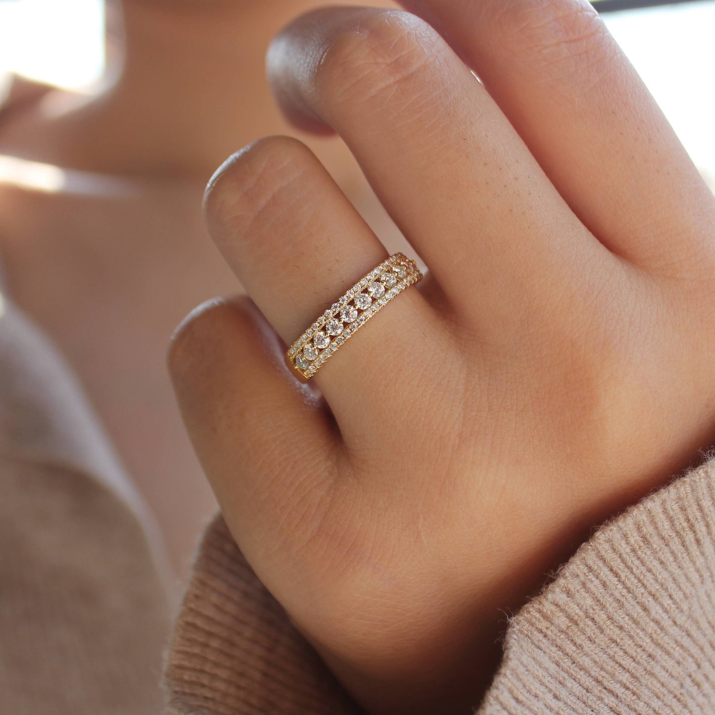 Triple Pavé Moissanite Statement Band — Wide Stacking Ring