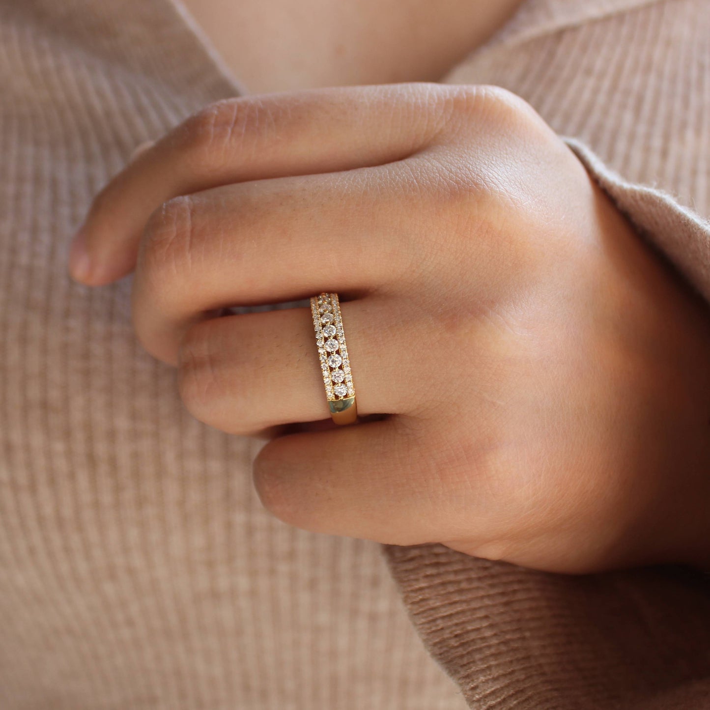 Triple Pavé Moissanite Statement Band — Wide Stacking Ring