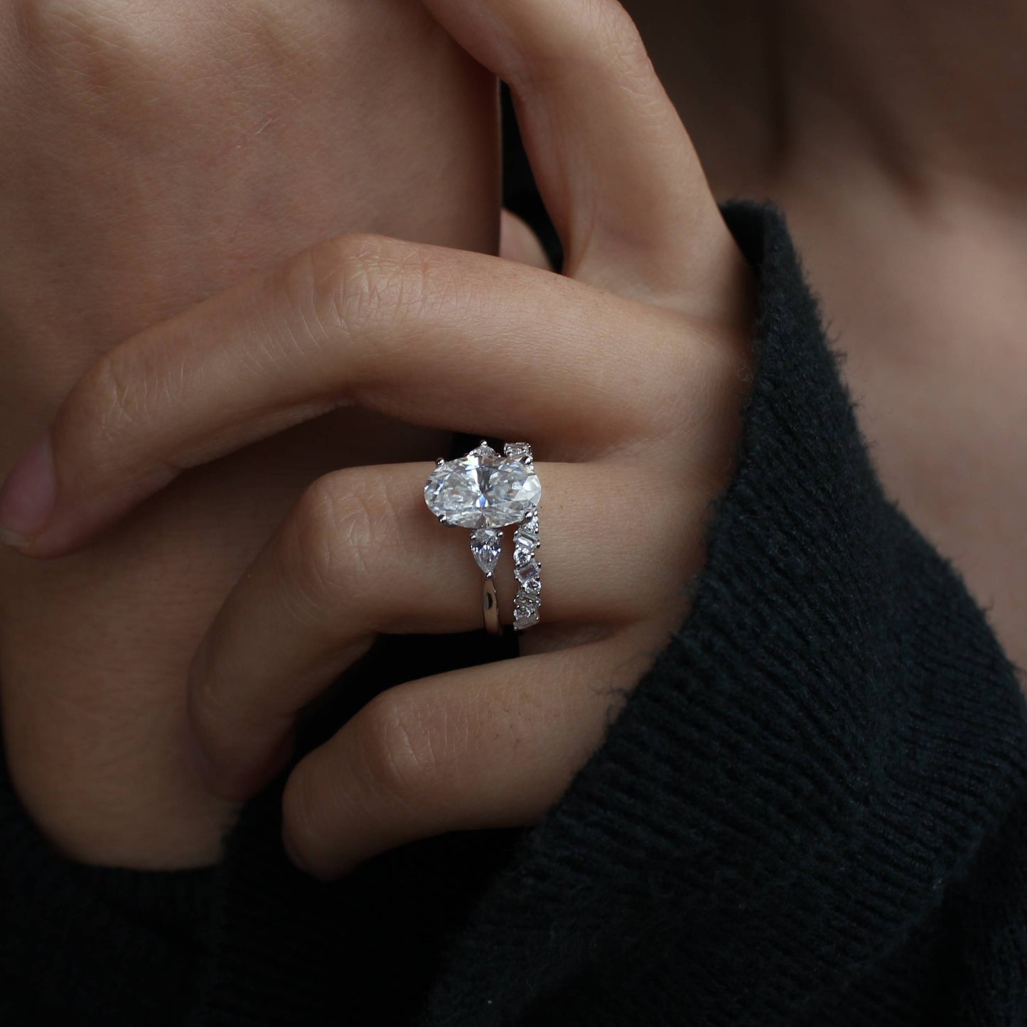 Oval Moissanite Duo Ring — Pavé Stacking Band Set