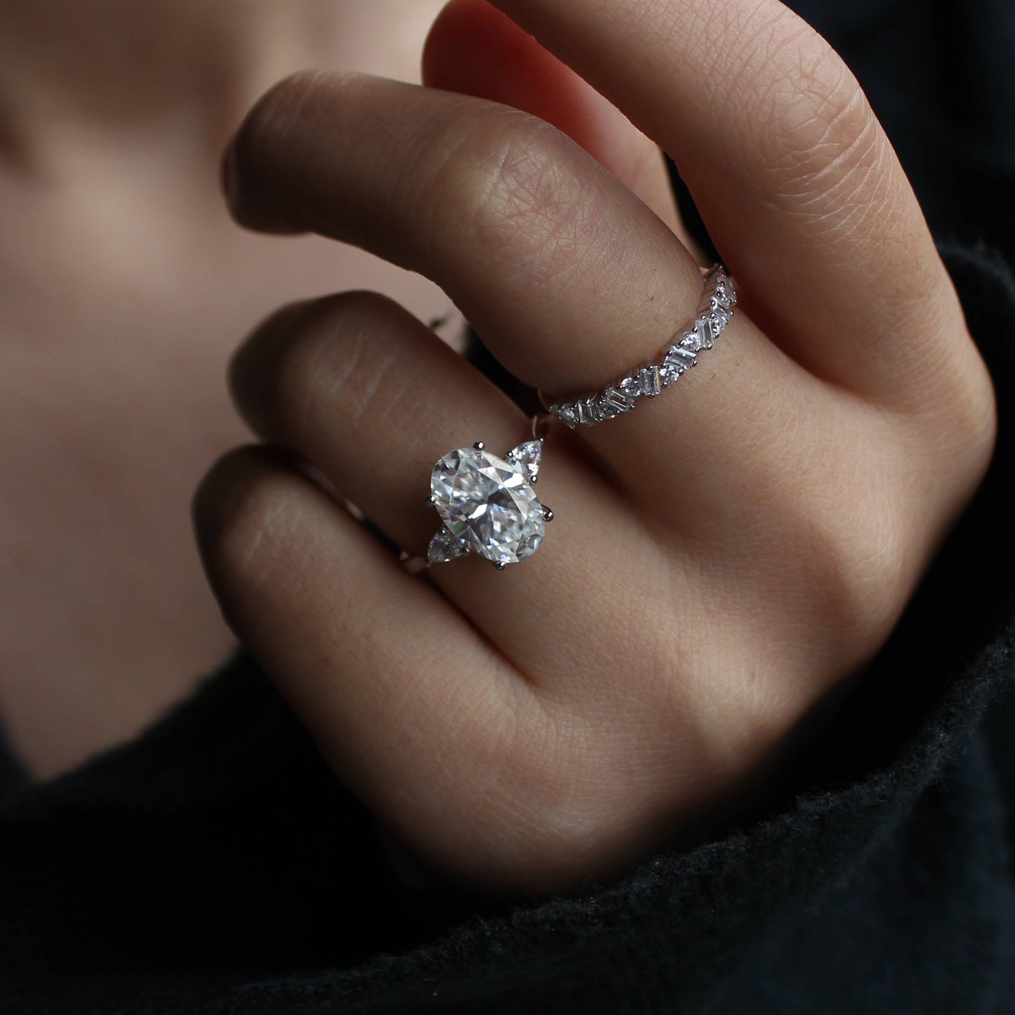 Oval Moissanite Duo Ring — Pavé Stacking Band Set